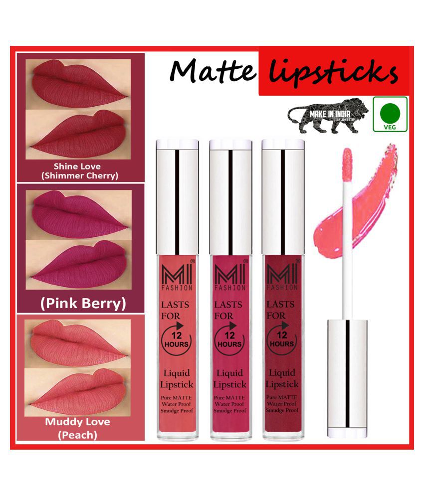     			MI FASHION Matte Lips Kiss Proof Vegan Liquid Lipstick Peach,Cherry Red Pink Pack of 3 9 mL