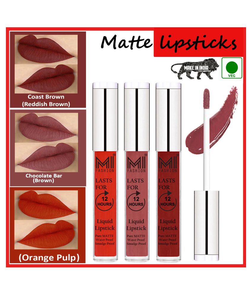     			MI FASHION Matte Lips Kiss Proof Vegan Liquid Lipstick Brown,Reddish Brown Orange Pack of 3 9 mL