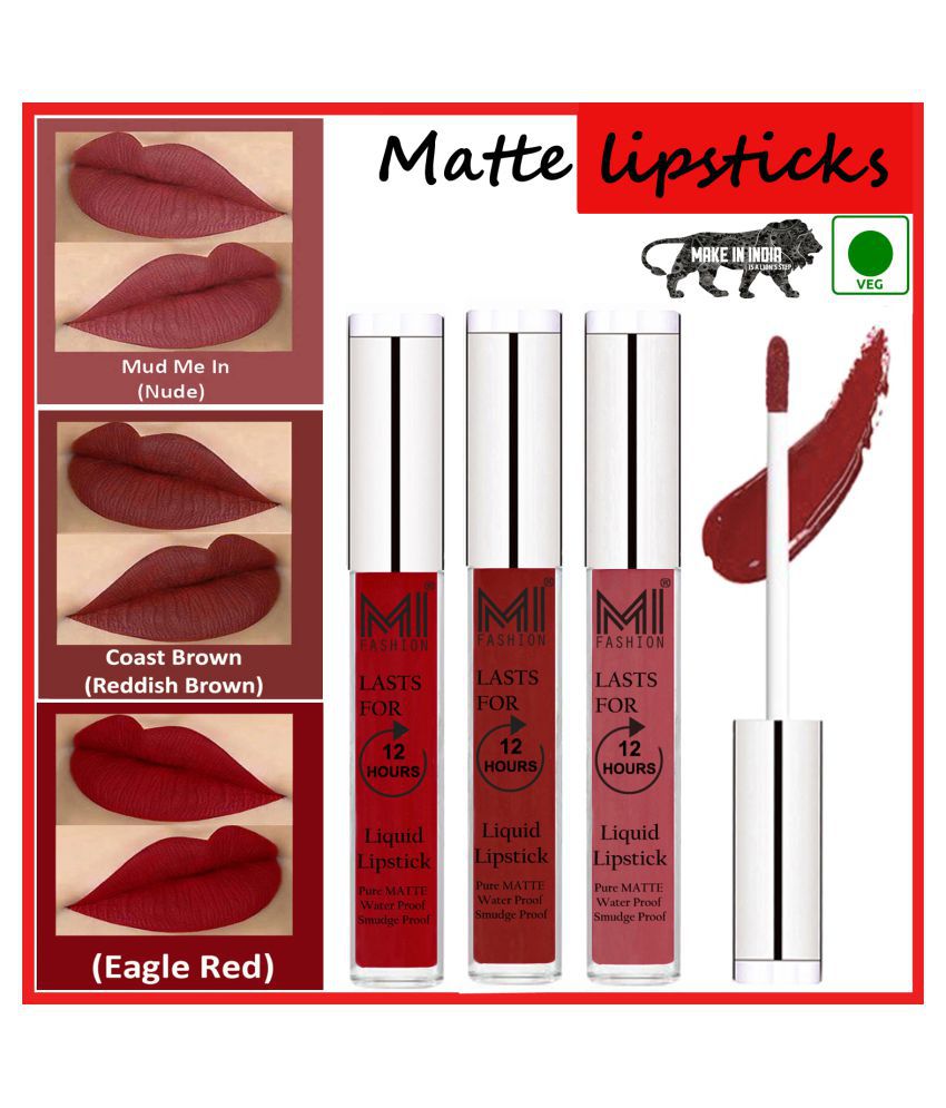     			MI FASHION Matte Lips Kiss Proof Vegan Liquid Lipstick Red Brown,Nude Red Pack of 3 9 mL