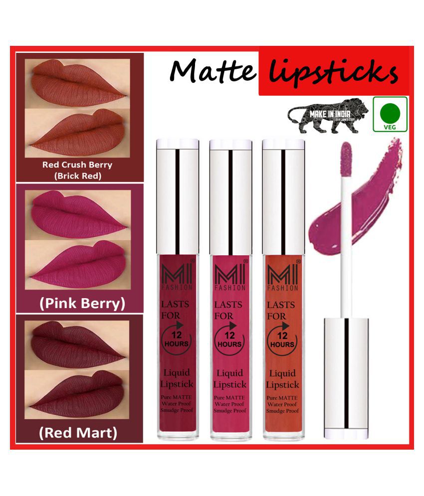     			MI FASHION Matte Lips Long Lasting Vegan Liquid Lipstick Pink,Brick Red Red Pack of 3 9 mL