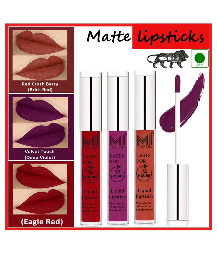     			MI FASHION Smudge Proof Matte Lips Liquid Lipstick Violet,Brick Red Red Pack of 3 9 mL