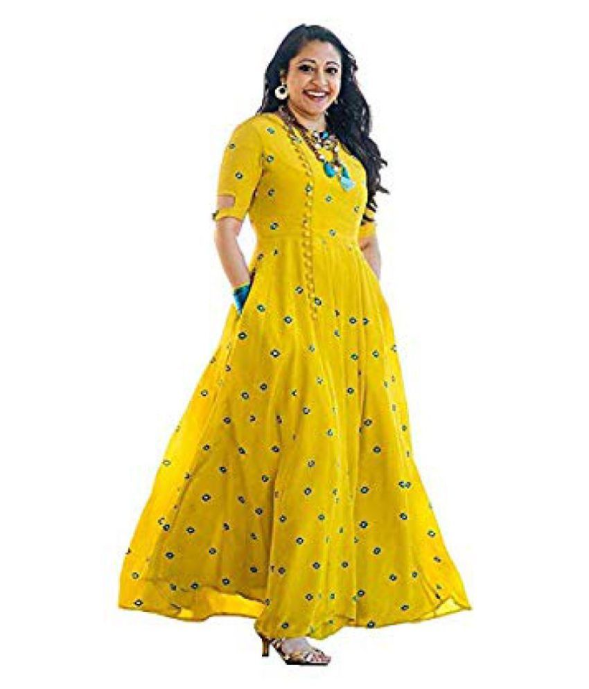 Kanha Yellow Cotton Anarkali Kurti - Buy Kanha Yellow Cotton Anarkali ...