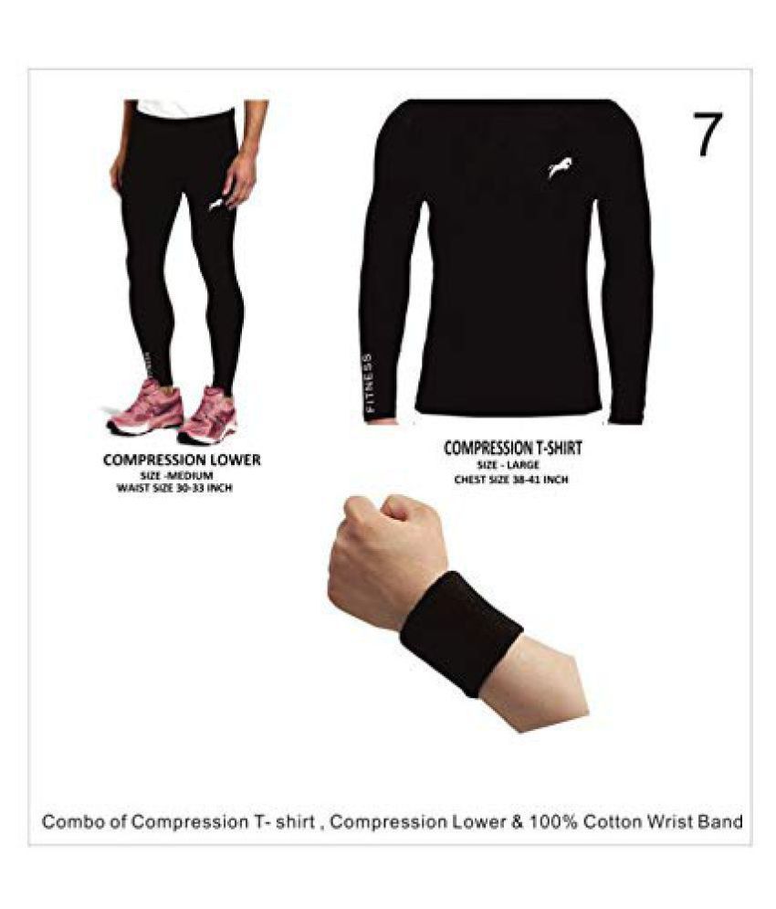     			Just Rider Full Length Compression Lower With Full Sleeve T-shirt 100% COTTON Wrist band Free Multi Sports Exercise/Gym/Running/Yoga/Other Outdoor inner wear for Sports - Skin Tight Fitting - Black Color 3 pcs combo