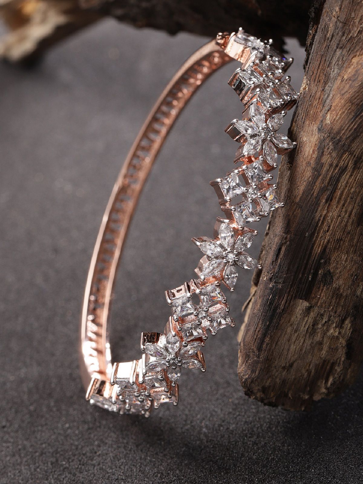     			Priyaasi Rose Gold Plated CZ Stone Studded Floral Bangle Bracelet For Women And Girls
