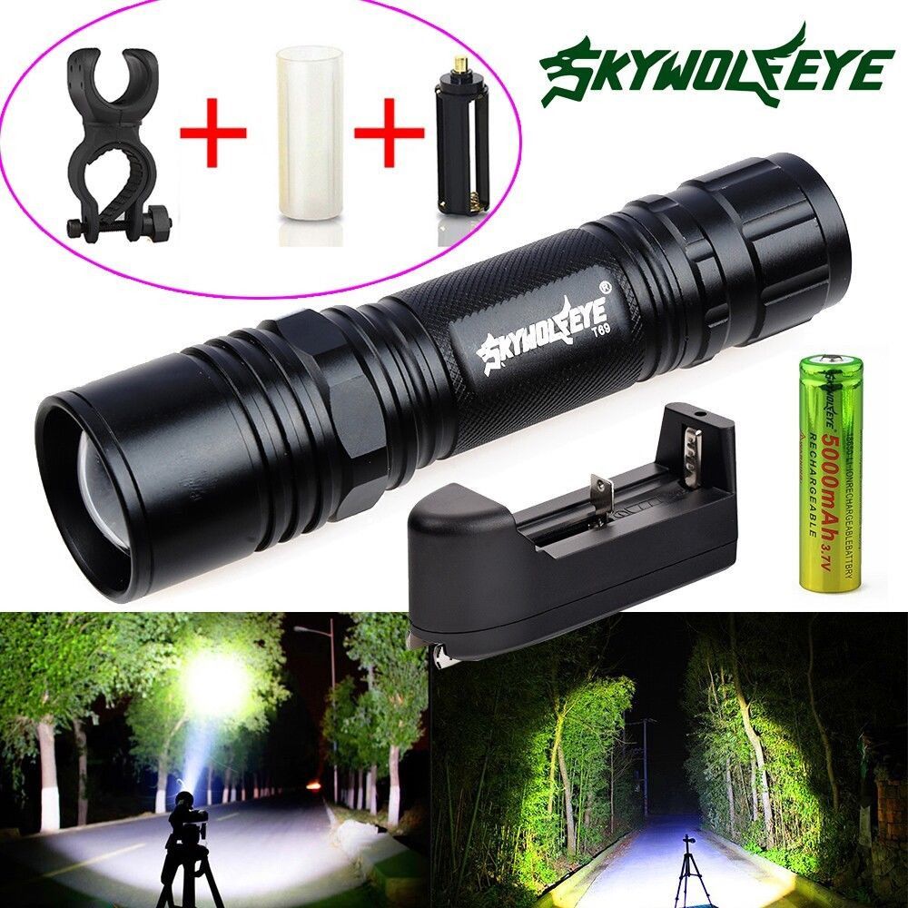 Tactical XM-L T6 LED Flashlight Zoom Torch Light Lamp 18650 Battery+US Charger