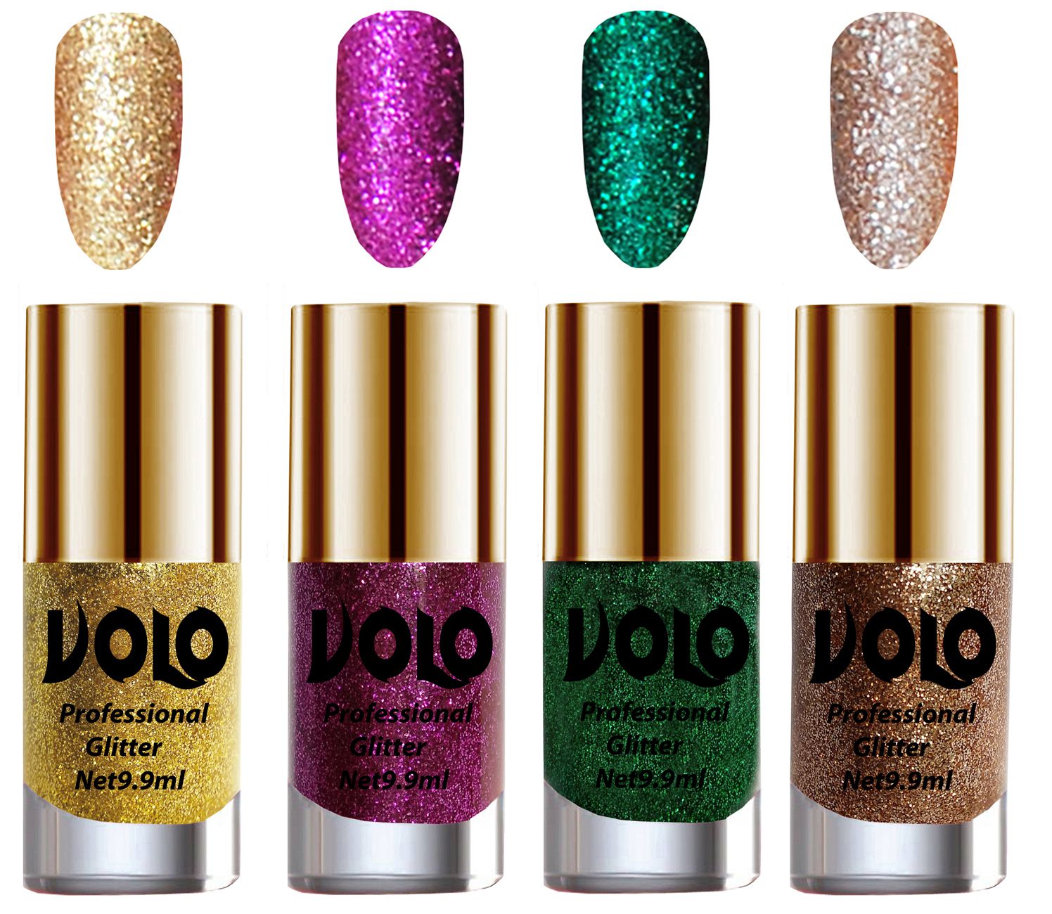     			VOLO Professionally Used Glitter Shine Nail Polish Gold,Purple,Green Gold Pack of 4 39 mL