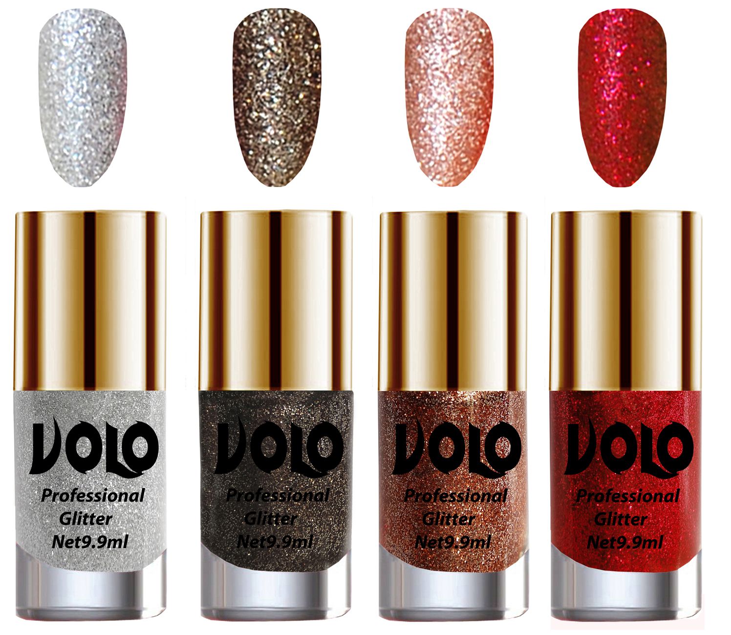     			VOLO Professionally Used Glitter Shine Nail Polish Silver,Grey,Peach Red Pack of 4 39 mL
