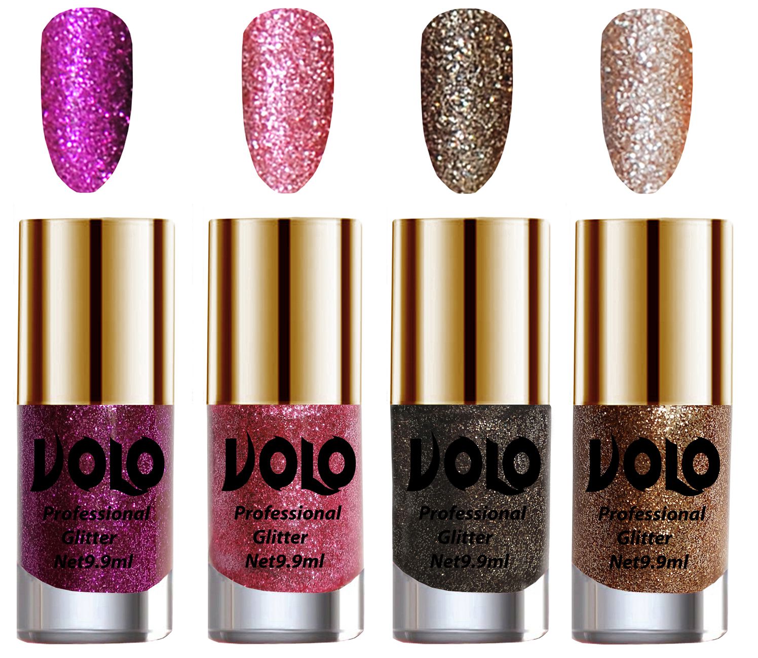     			VOLO Professionally Used Glitter Shine Nail Polish Purple,Pink,Grey Gold Pack of 4 39 mL