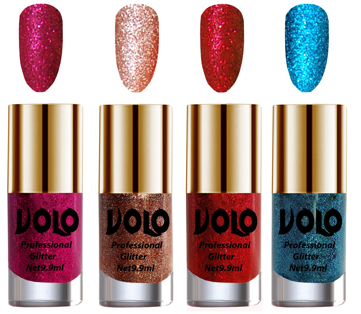     			VOLO Professionally Used Glitter Shine Nail Polish Magenta,Peach,Red Blue Pack of 4 39 mL