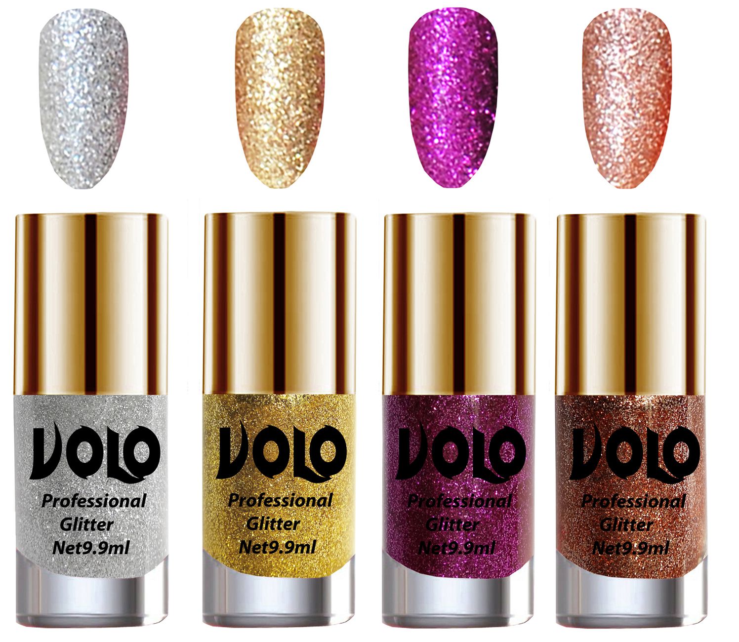     			VOLO Professionally Used Glitter Shine Nail Polish Silver,Gold,Purple Pink Pack of 4 39 mL