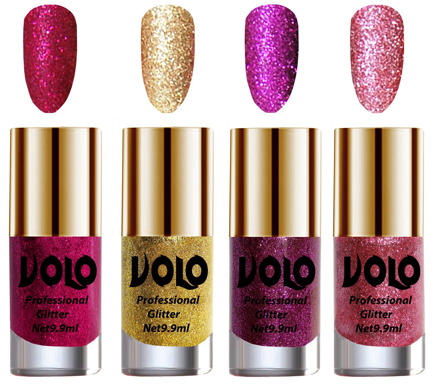     			VOLO Professionally Used Glitter Shine Nail Polish Magenta,Gold,Purple Pink Pack of 4 39 mL