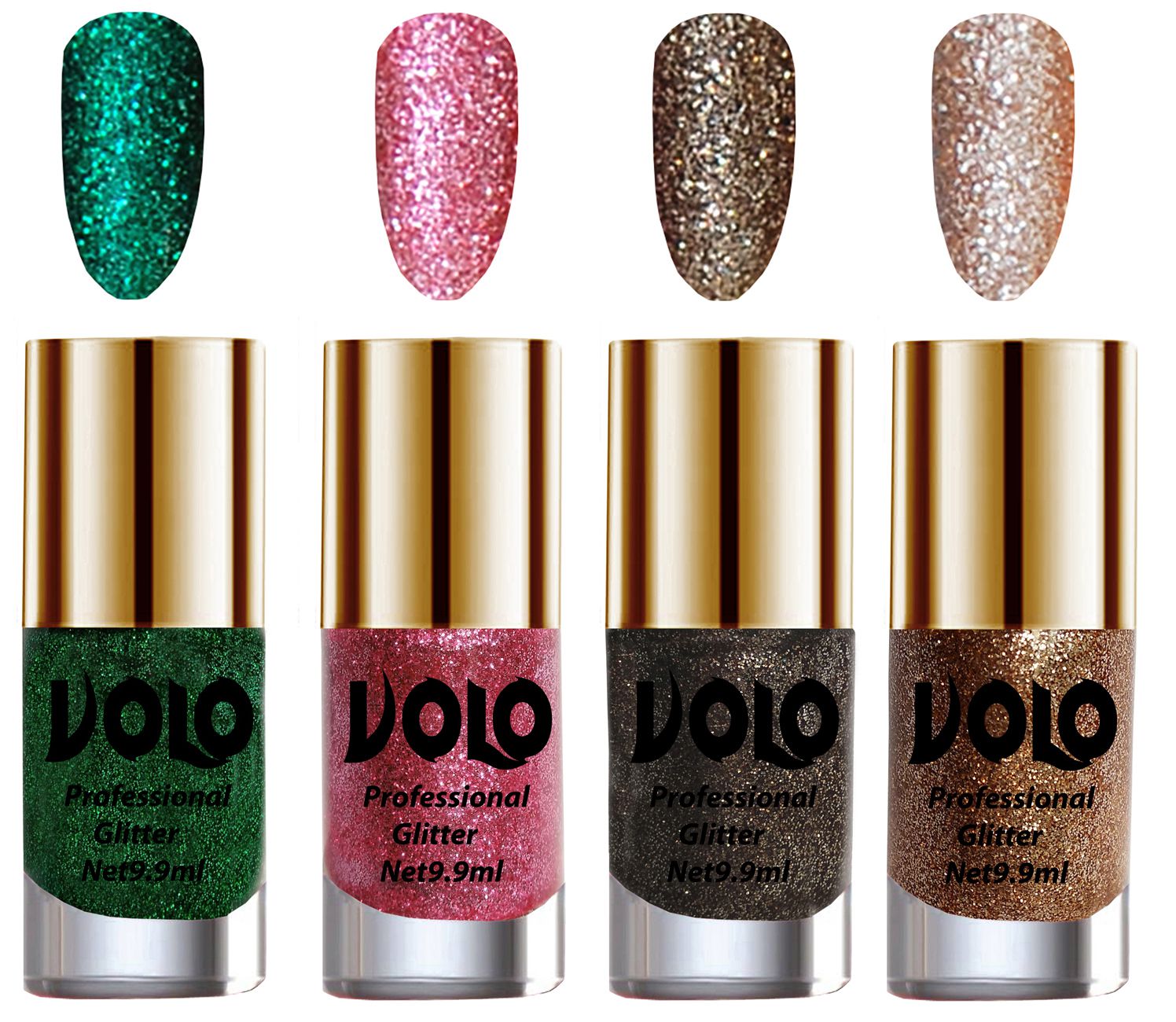     			VOLO Professionally Used Glitter Shine Nail Polish Green,Pink,Grey Gold Pack of 4 39 mL