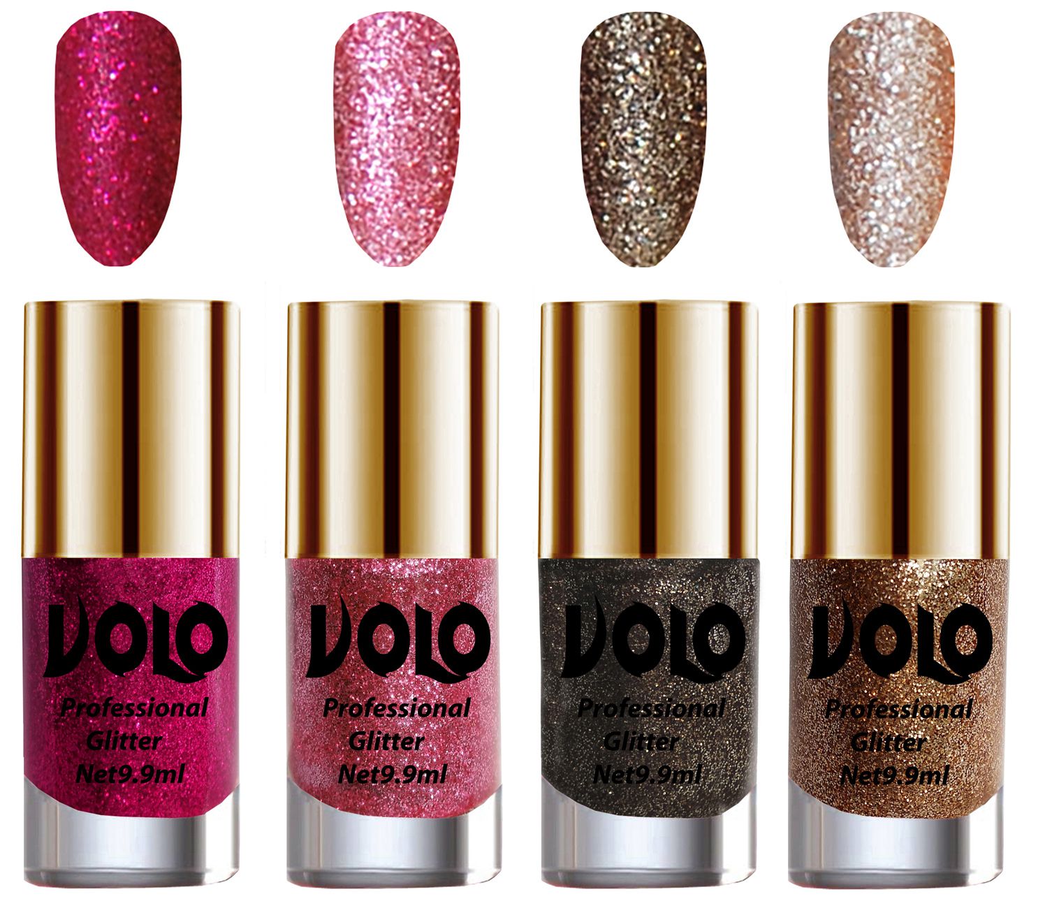     			VOLO Professionally Used Glitter Shine Nail Polish Magenta,Pink,Grey Gold Pack of 4 39 mL