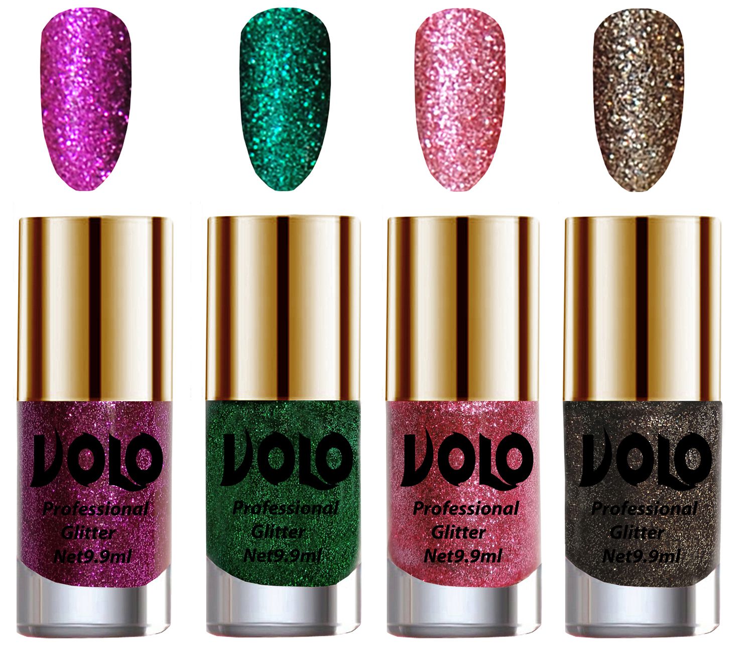     			VOLO Professionally Used Glitter Shine Nail Polish Purple,Green,Pink Grey Pack of 4 39 mL