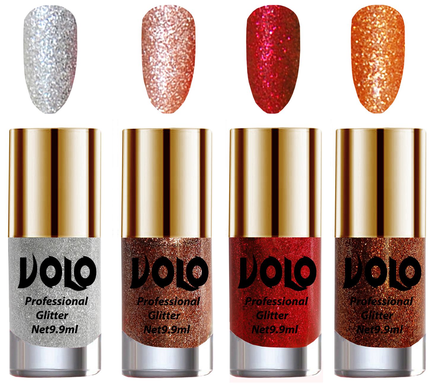     			VOLO Professionally Used Glitter Shine Nail Polish Silver,Peach,Red Orange Pack of 4 39 mL