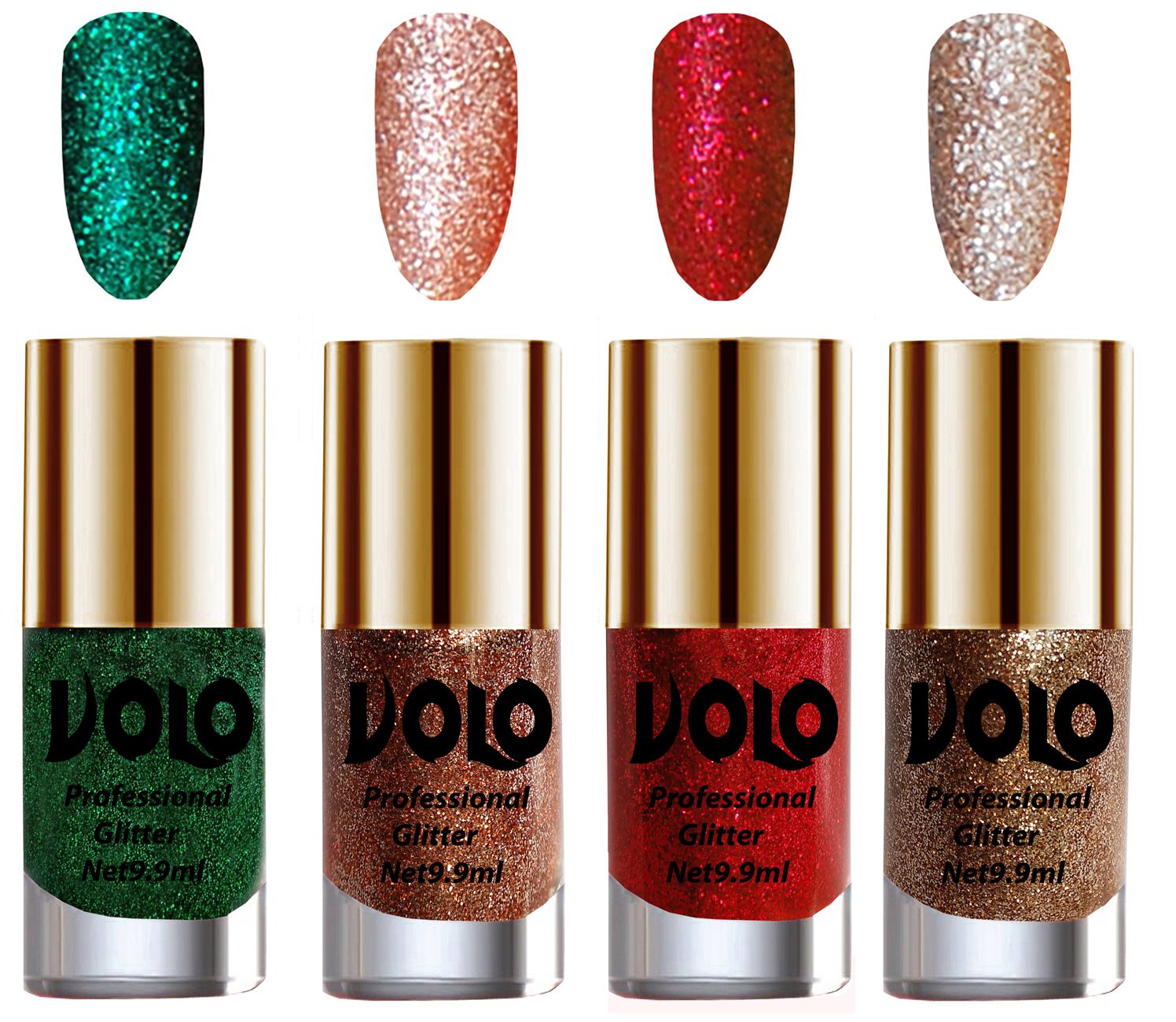     			VOLO Professionally Used Glitter Shine Nail Polish Green,Peach,Red Gold Pack of 4 39 mL