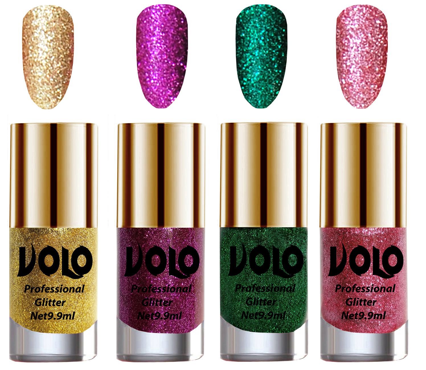     			VOLO Professionally Used Glitter Shine Nail Polish Gold,Purple,Green Pink Pack of 4 39 mL