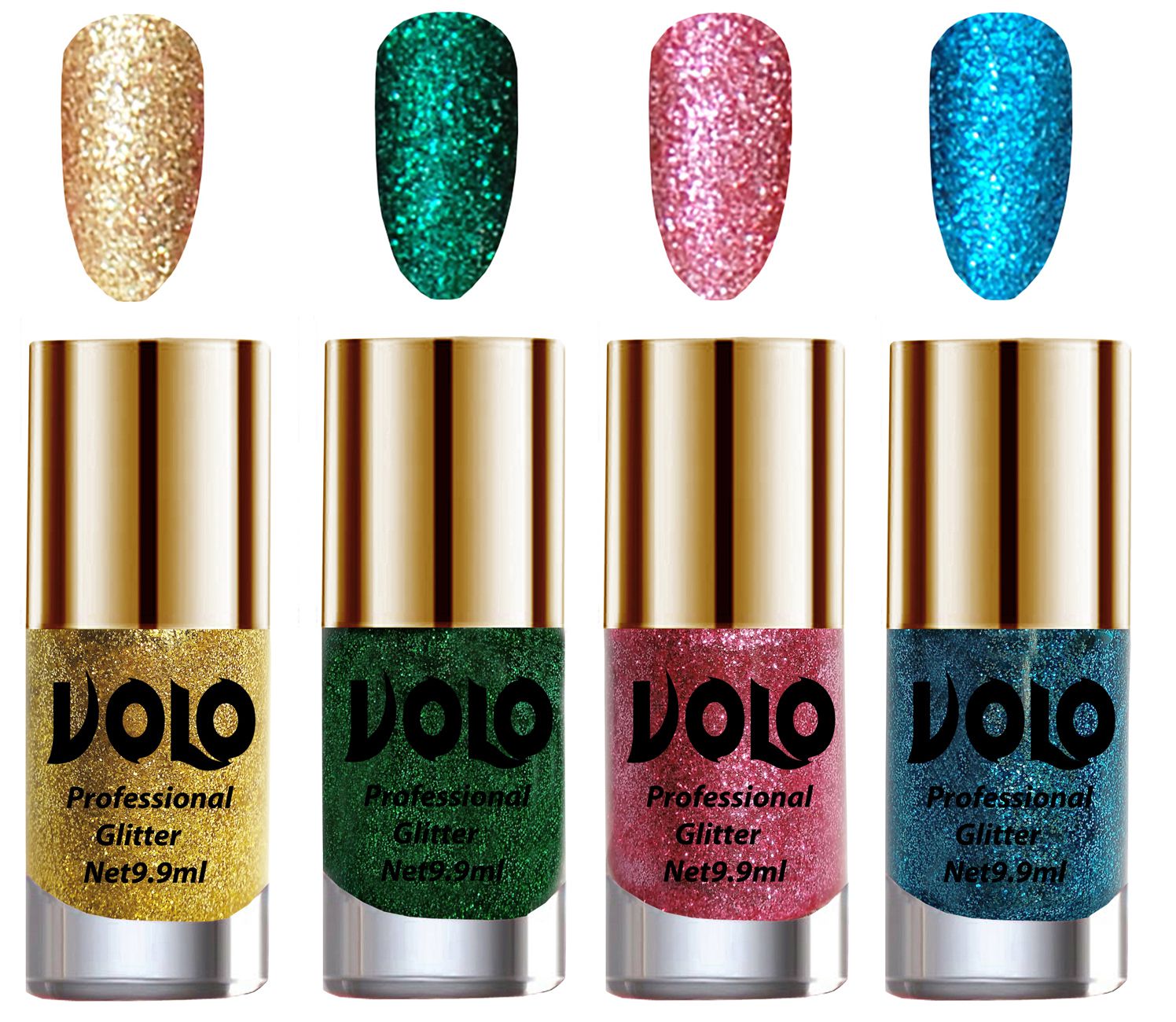     			VOLO Professionally Used Glitter Shine Nail Polish Gold,Green,Pink Blue Pack of 4 39 mL