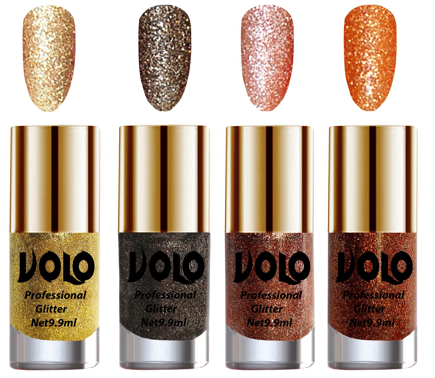     			VOLO Professionally Used Glitter Shine Nail Polish Gold,Grey,Peach Orange Pack of 4 39 mL