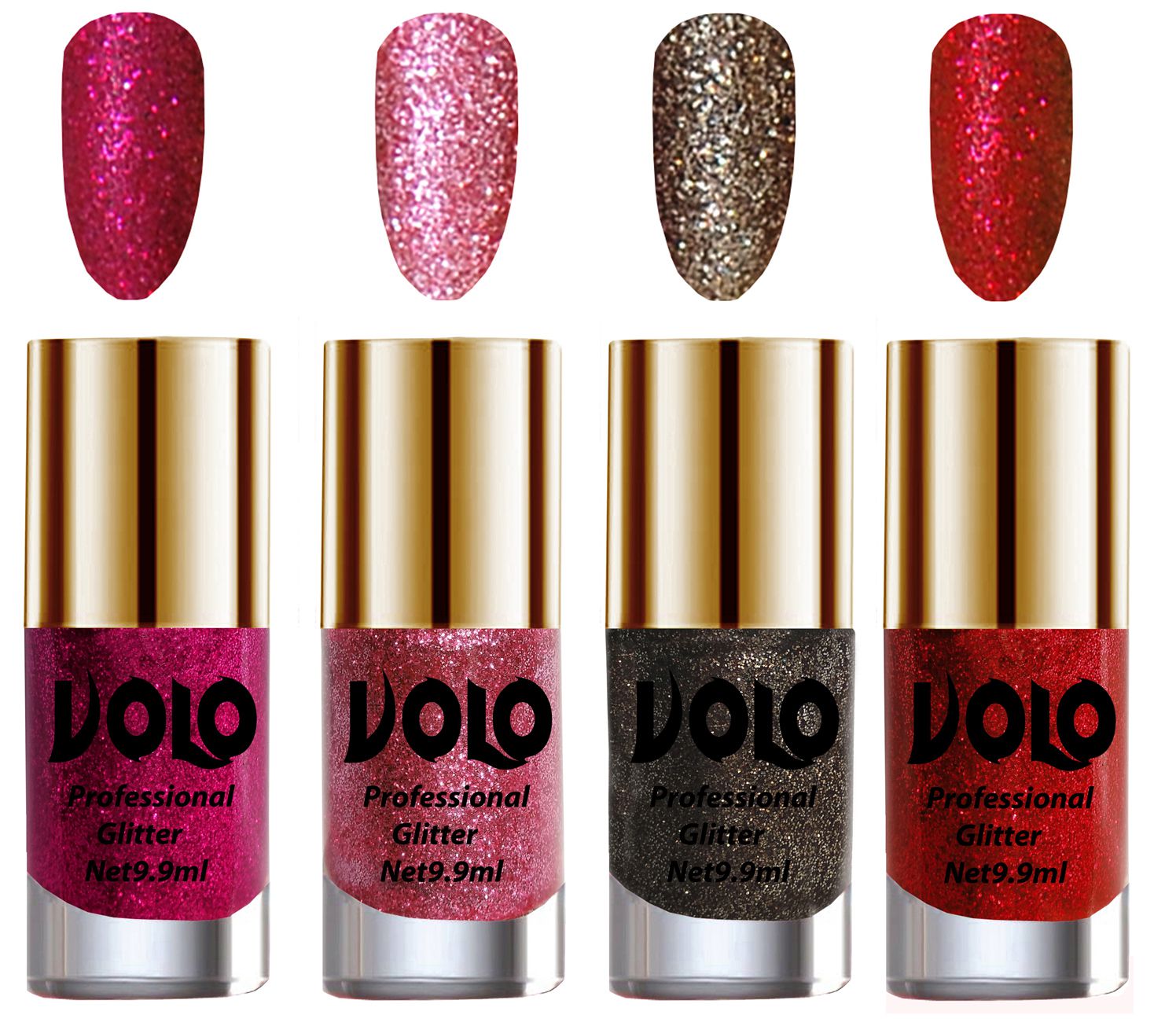     			VOLO Professionally Used Glitter Shine Nail Polish Magenta,Pink,Grey Red Pack of 4 39 mL