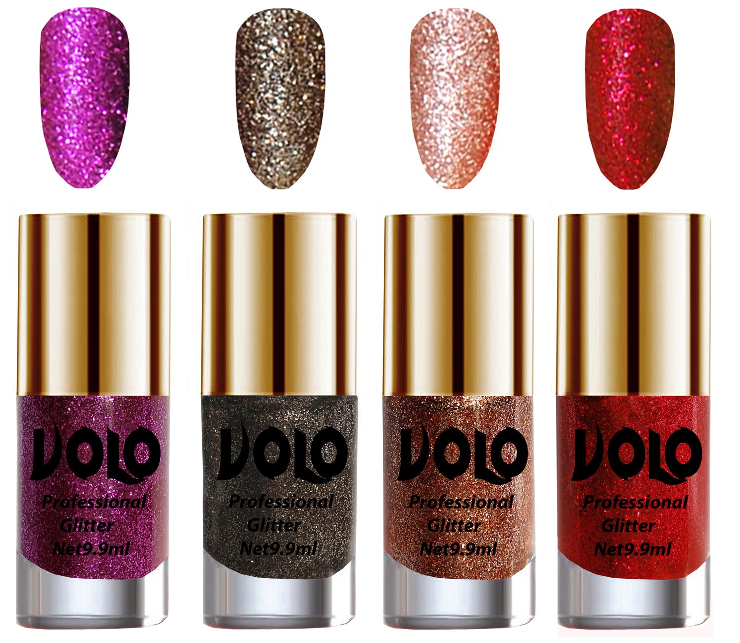     			VOLO Professionally Used Glitter Shine Nail Polish Purple,Grey,Peach Red Pack of 4 39 mL