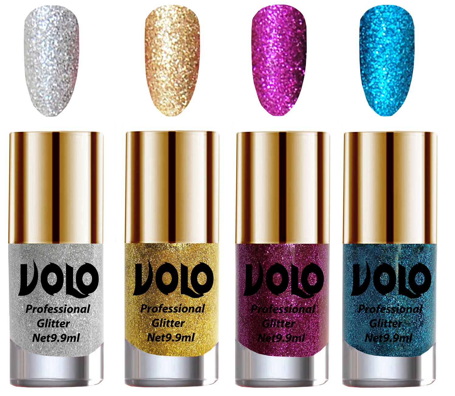     			VOLO Professionally Used Glitter Shine Nail Polish Silver,Gold,Purple Blue Pack of 4 39 mL