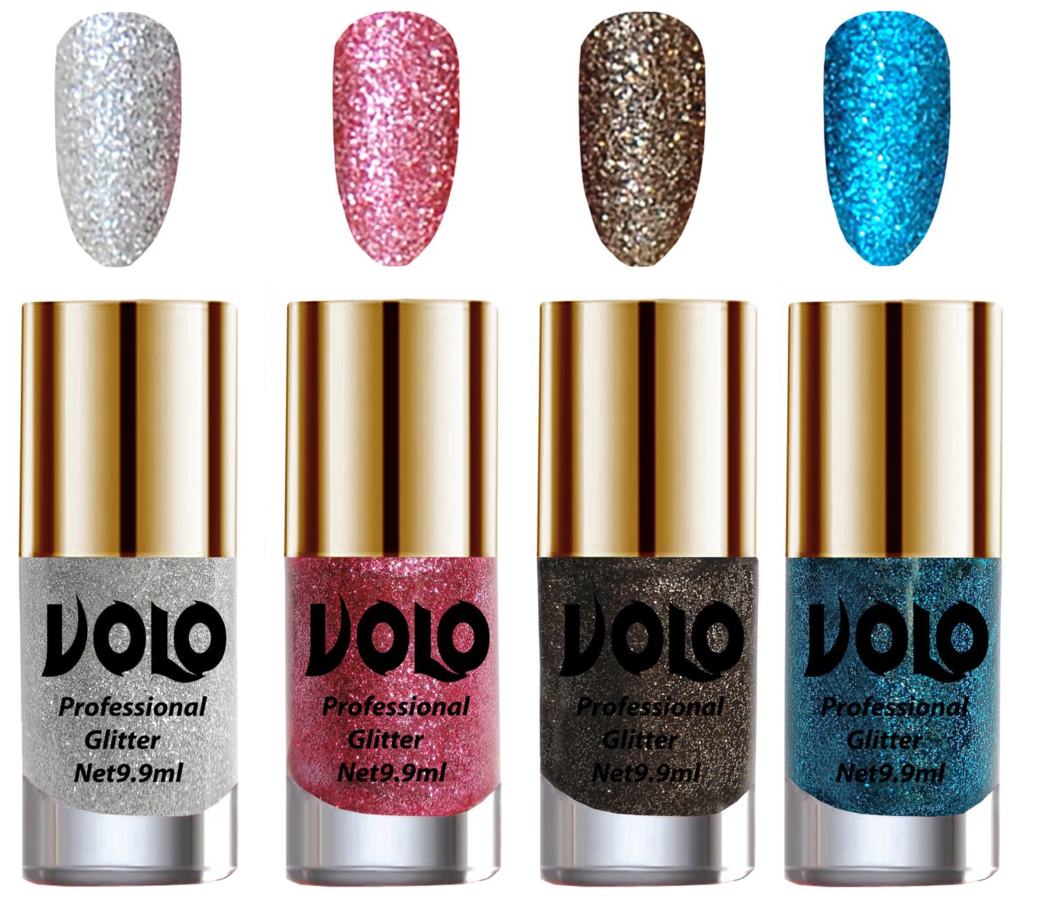     			VOLO Professionally Used Glitter Shine Nail Polish Silver,Pink,Grey Blue Pack of 4 39 mL