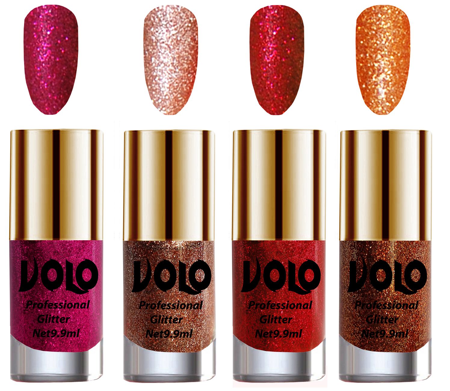     			VOLO Professionally Used Glitter Shine Nail Polish Magenta,Peach,Red Orange Pack of 4 39 mL