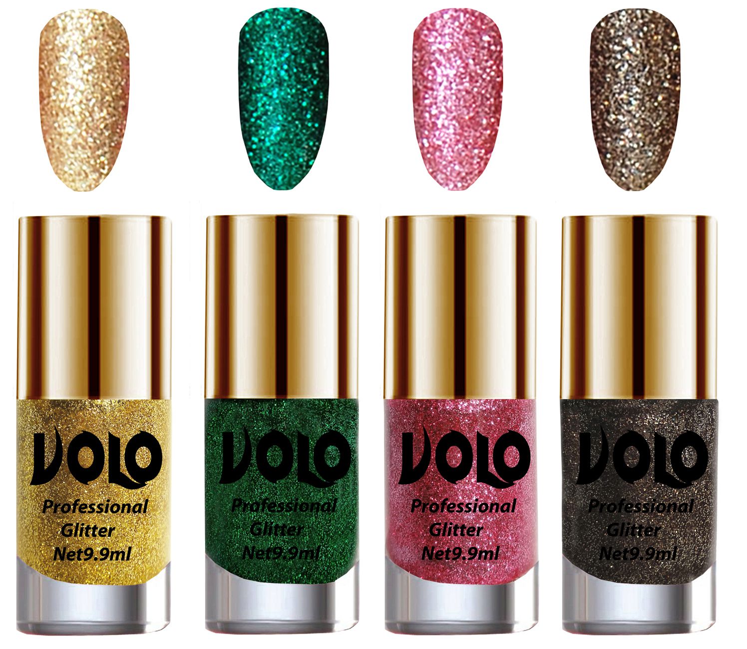     			VOLO Professionally Used Glitter Shine Nail Polish Gold,Green,Pink Grey Pack of 4 39 mL