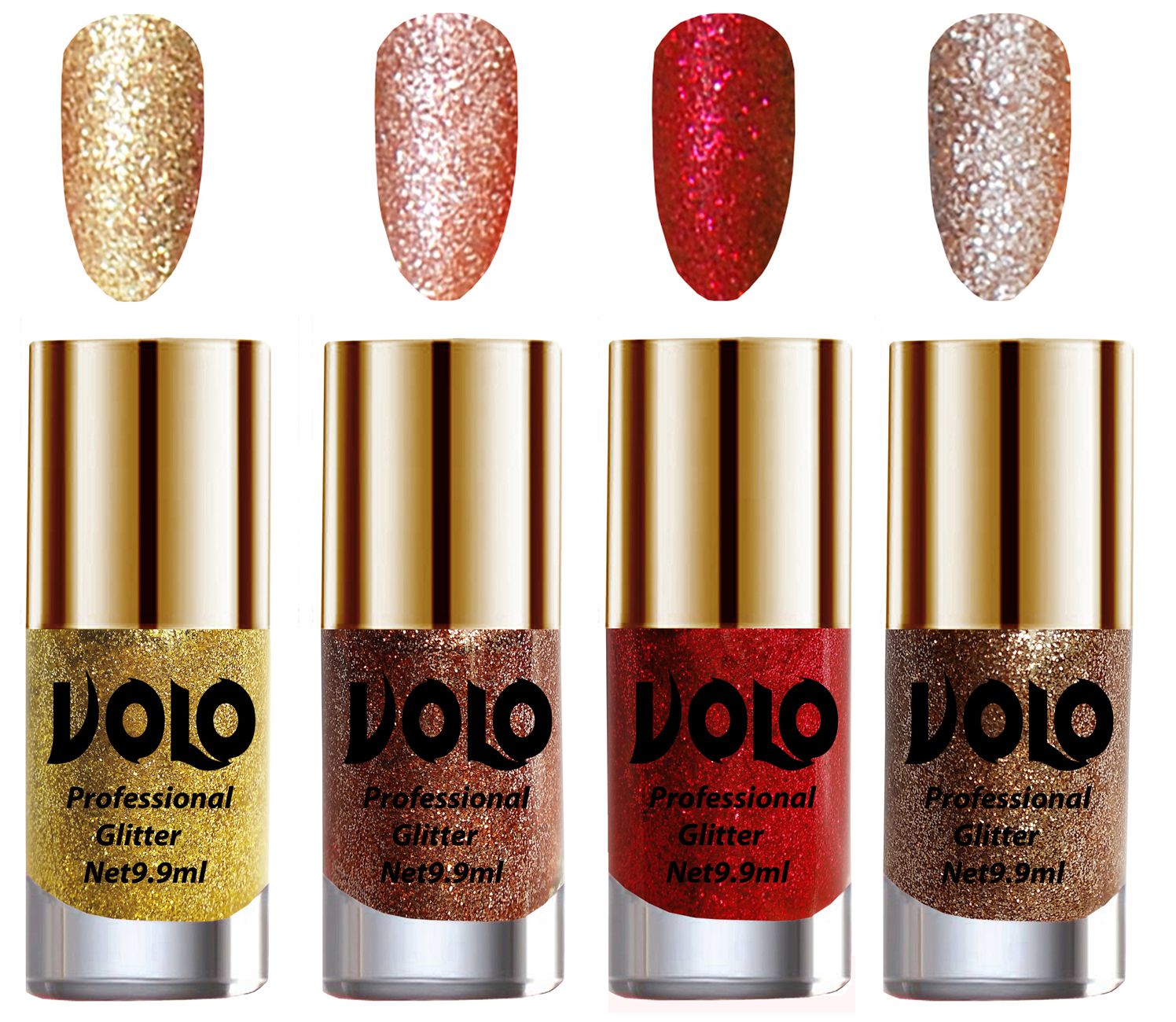     			VOLO Professionally Used Glitter Shine Nail Polish Gold,Peach,Red Gold Pack of 4 39 mL