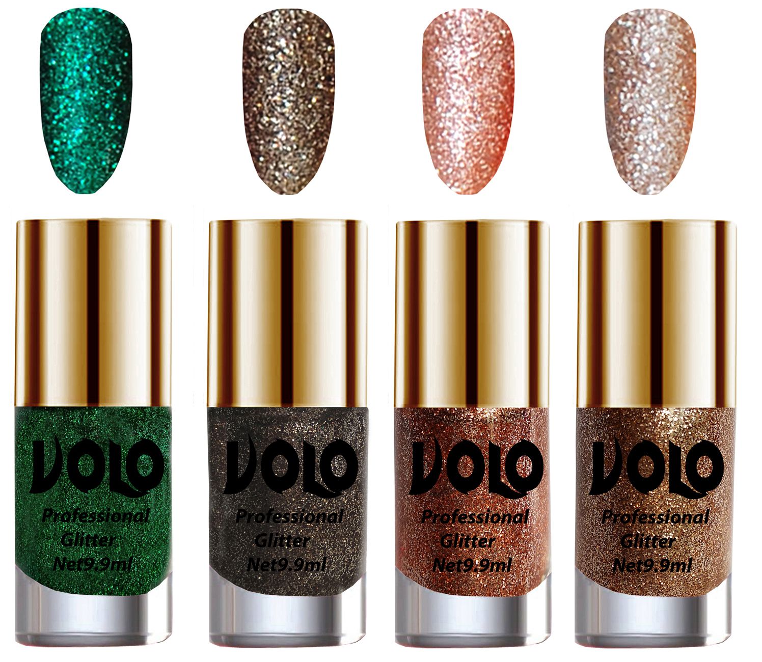     			VOLO Professionally Used Glitter Shine Nail Polish Green,Grey,Peach Gold Pack of 4 39 mL