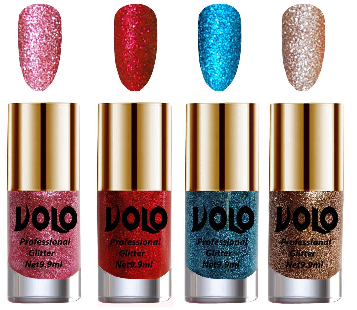     			VOLO Professionally Used Glitter Shine Nail Polish Pink,Red,Blue Gold Pack of 4 39 mL