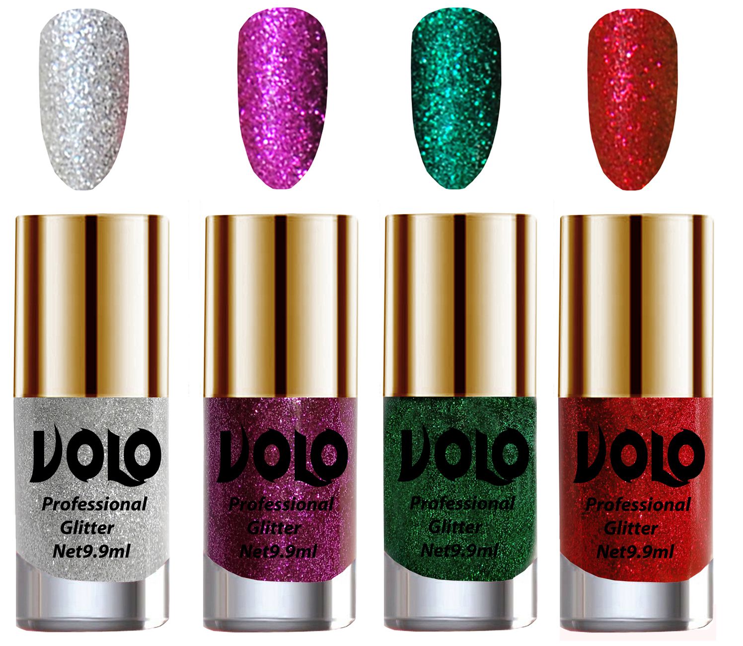     			VOLO Professionally Used Glitter Shine Nail Polish Silver,Purple,Green Red Pack of 4 39 mL