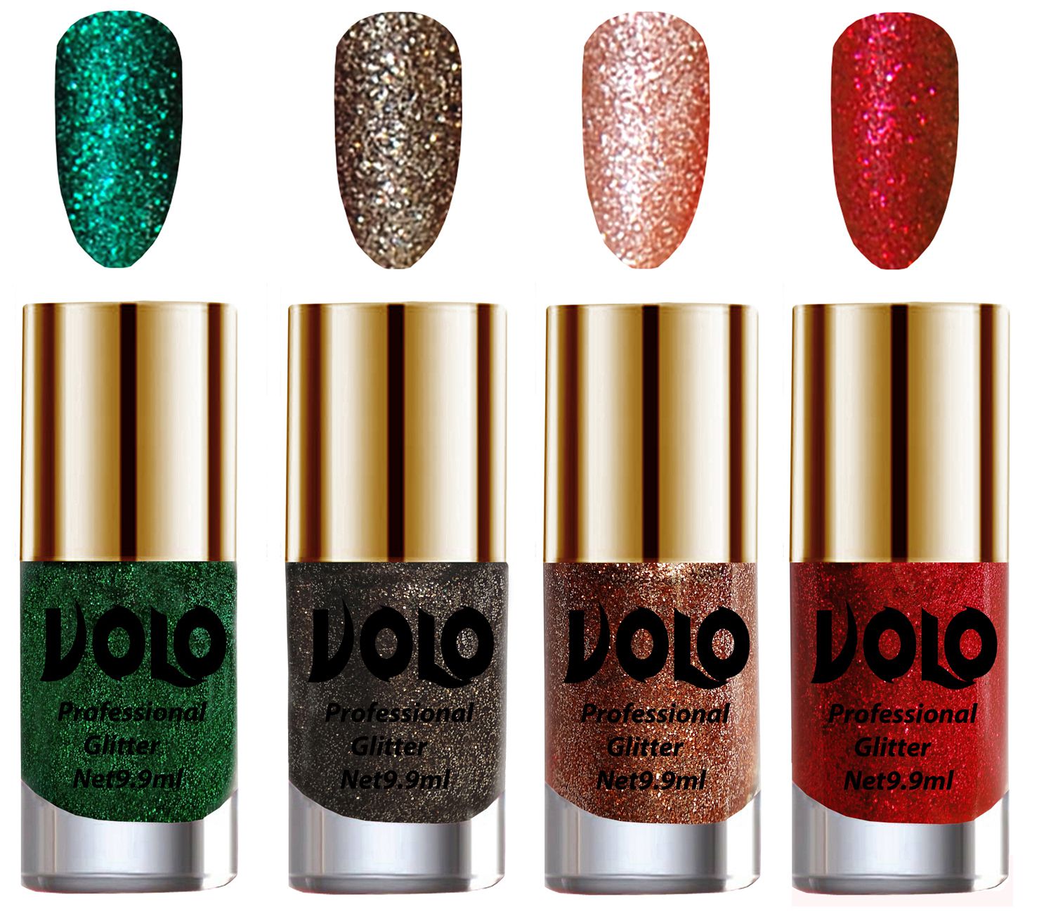    			VOLO Professionally Used Glitter Shine Nail Polish Green,Grey,Peach Red Pack of 4 39 mL
