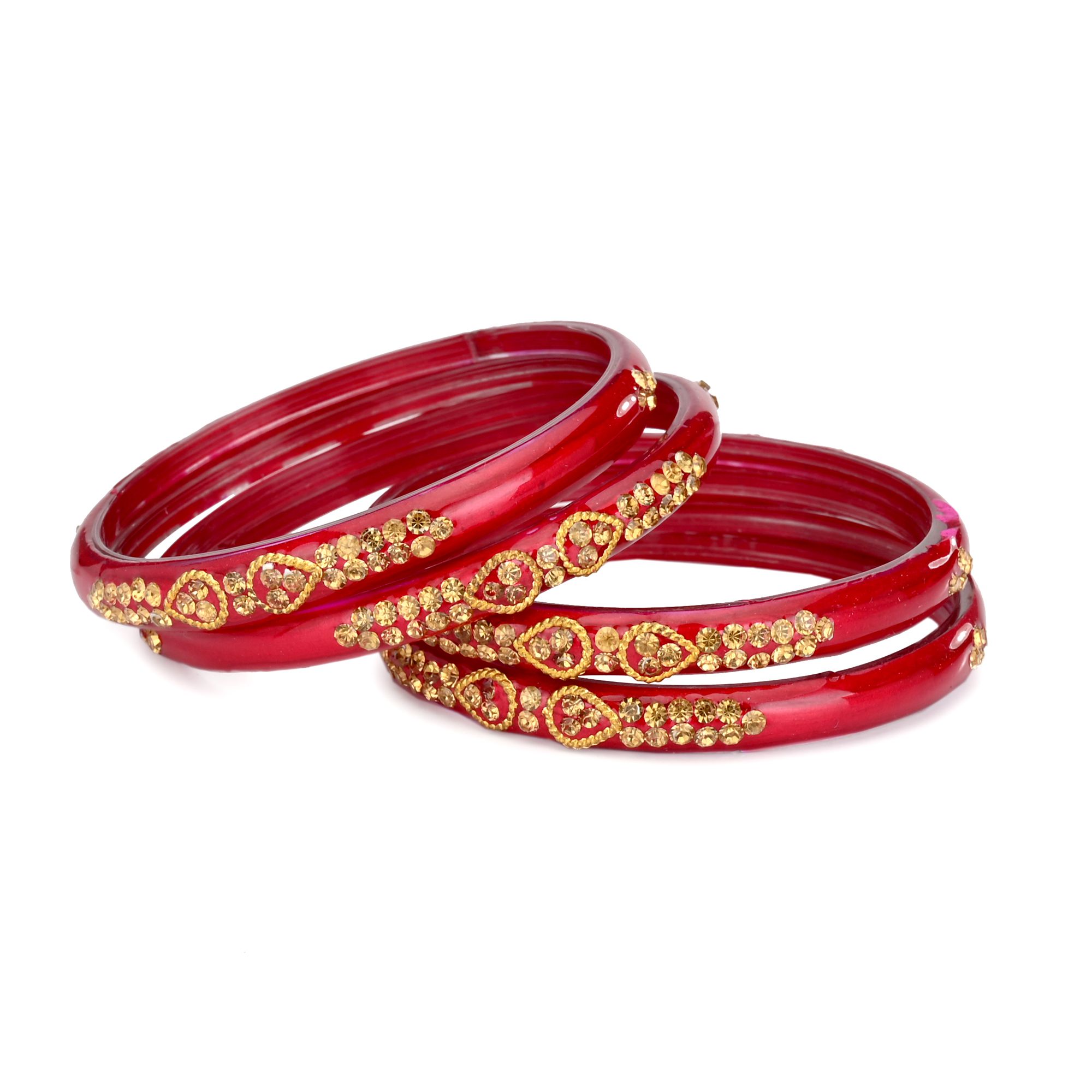     			Designer Set Of 4 Bangle/ Kada For Party And Daily Use, Glass, OrnamentedRed, Gold, U01, (With Safety Cum Carry Box)