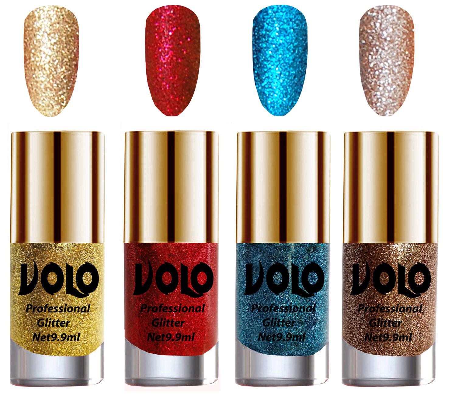     			VOLO Professionally Used Glitter Shine Nail Polish Gold,Red,Blue Gold Pack of 4 39 mL