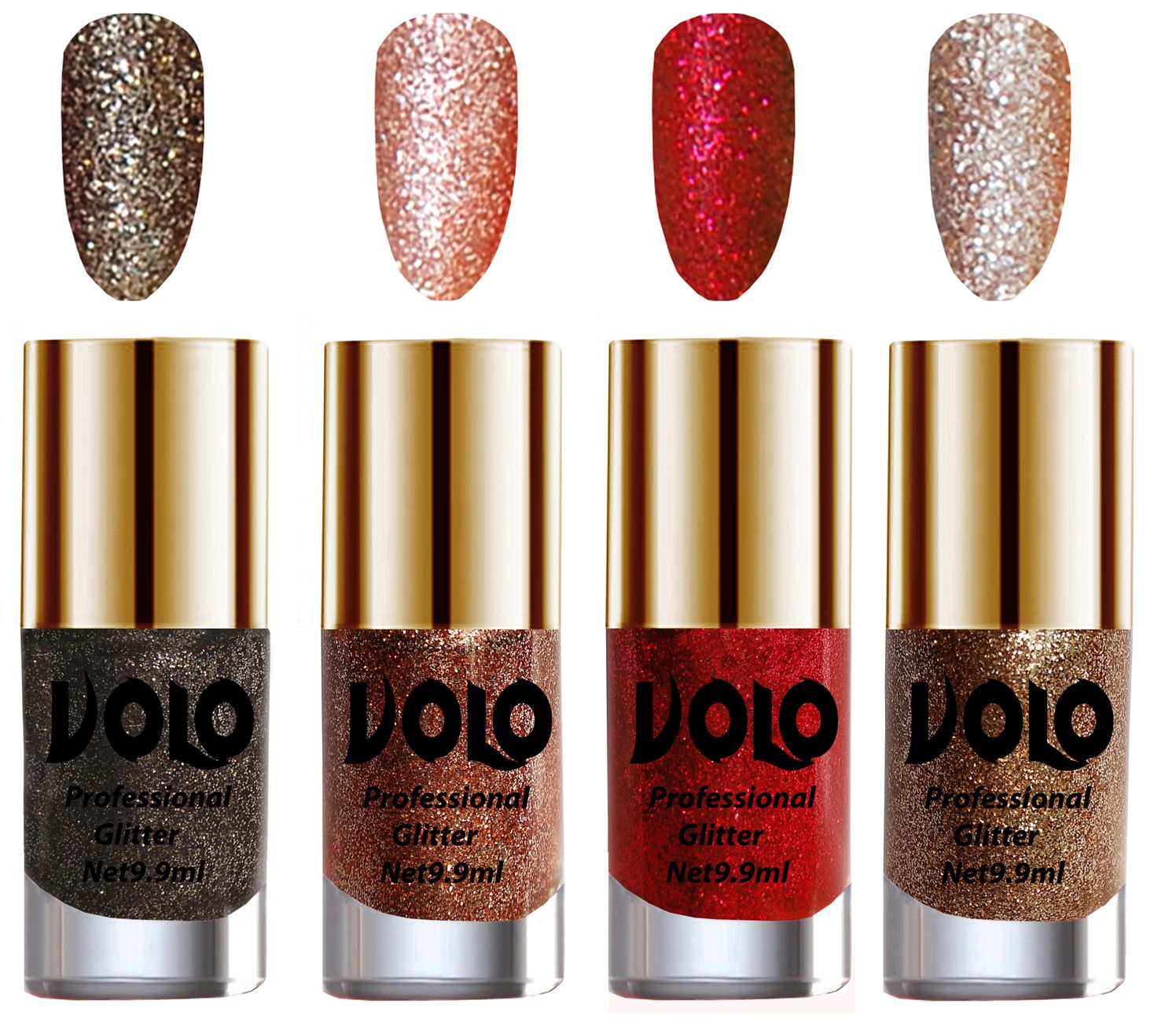     			VOLO Professionally Used Glitter Shine Nail Polish Grey,Peach,Red Gold Pack of 4 39 mL