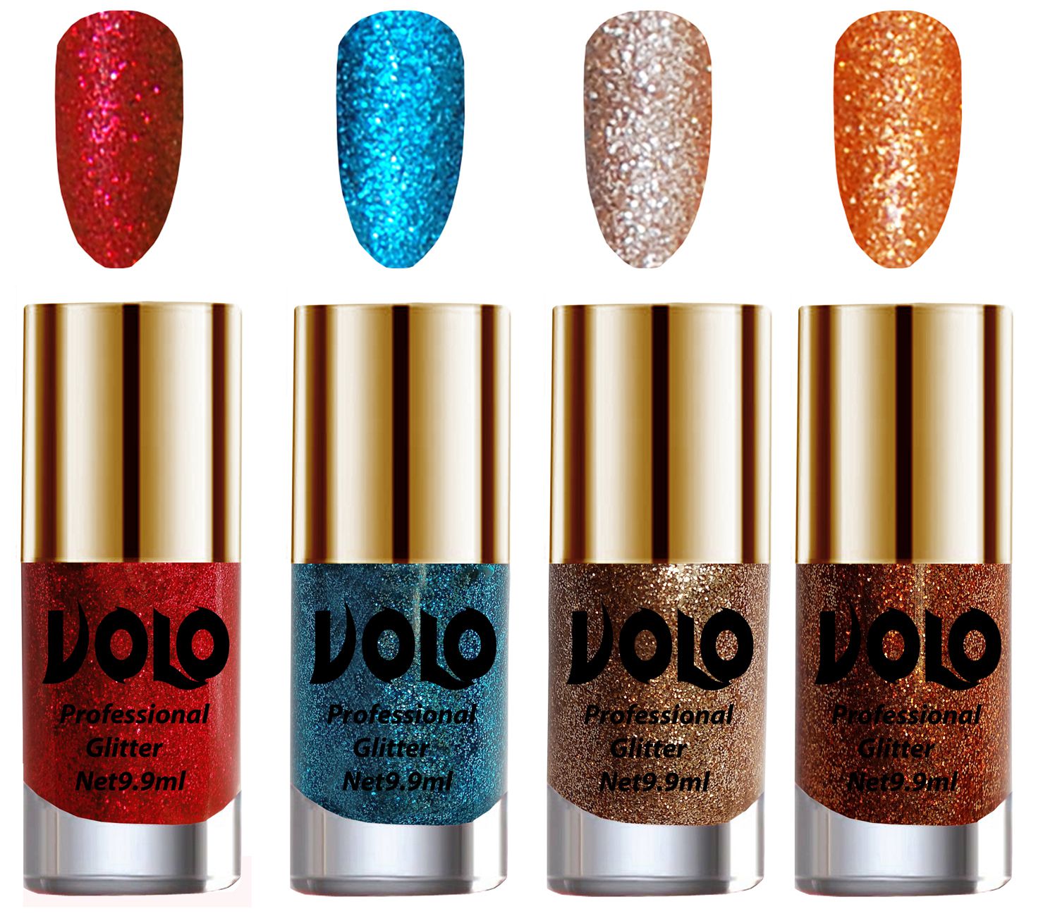     			VOLO Professionally Used Glitter Shine Nail Polish Pink,Blue,Gold Orange Pack of 4 39 mL