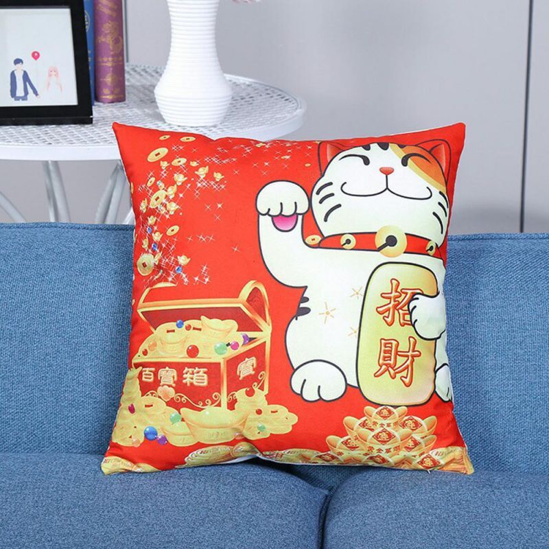 Christmas Cute Fortune Cat Decorative Pillow Case Happy New Year