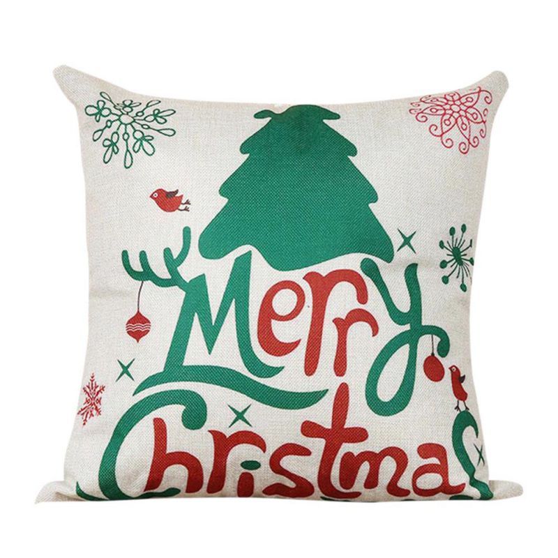 Soft Linen Pillow Case Xmas Letter Elk Bell Tree Pattern Pillow