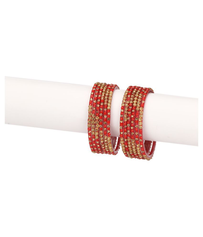     			Party Glass Bangle Set Ornamented With Beads For Spaical Look (Pack Of 12 Red Shining & Attractive