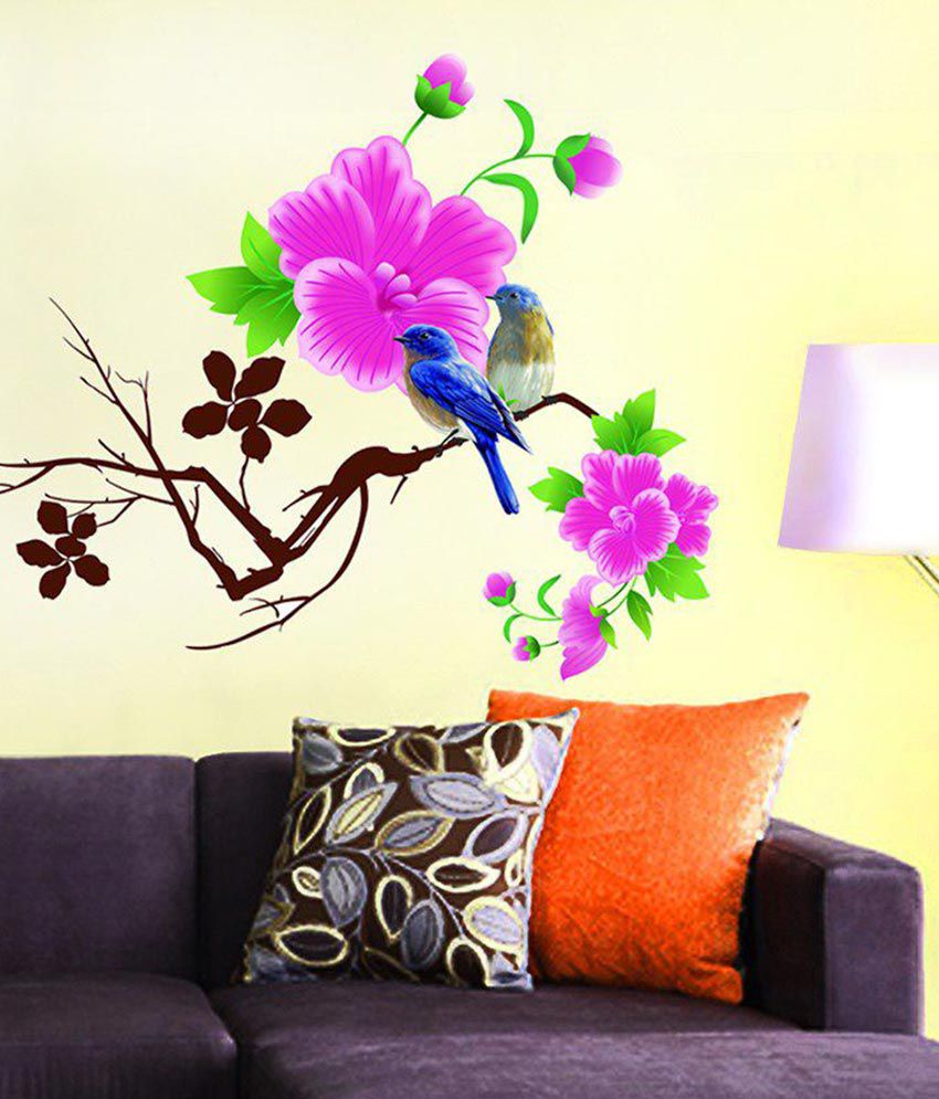     			HOMETALES Floral Bird Sitting On Tree Bunch Nature Wall Sticker (65 x 70cms)