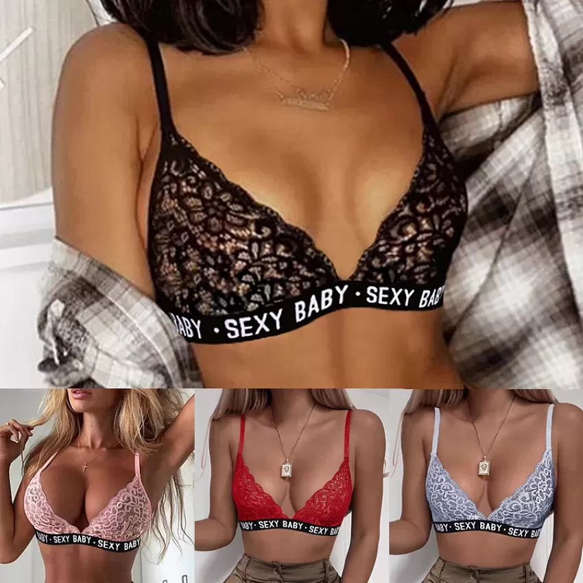 Sexy Women Lingerie Bra Sheer Scalloped Lace Letter Print Thin Wireless  Erotic Crop Top