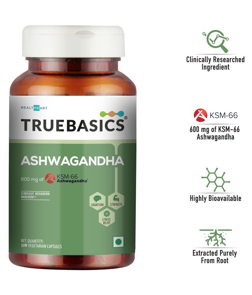 TrueBasics Ashwagandha, 600 mg of KSM 66 Ashwagandha, Energy and Immunity Booster, Anxiety and Stress Relief, 30 Capsules