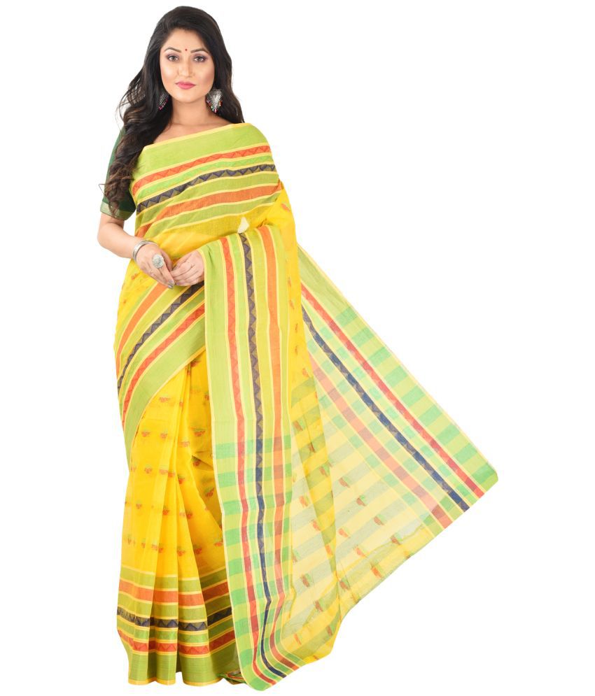 Roy Enterprises Creation Yellow Bengal cotton Saree - Single