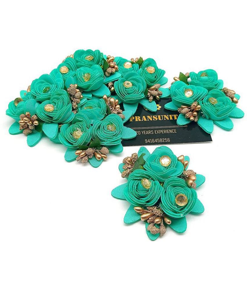     			PRANSUNITA Stem less Fabric 3 in 1 Rose Flower with Pollens, Handmade Decoration Flowers for Dresses, Fancy Gift & Wedding Packaging, Valentine, Radha Krishna & Baby Shower, Home Decoration Pack of 6 pcs Color- Sea Green