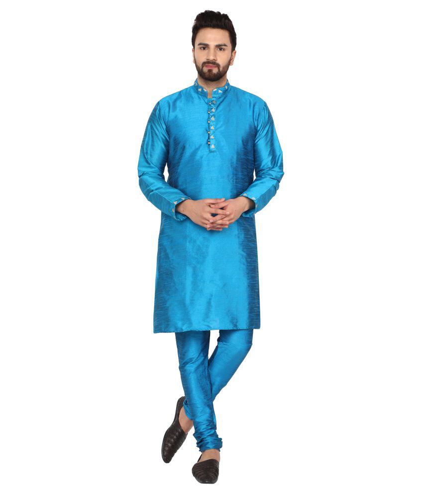     			SKAVIJ Turquoise Silk Blend Kurta Pyjama Set