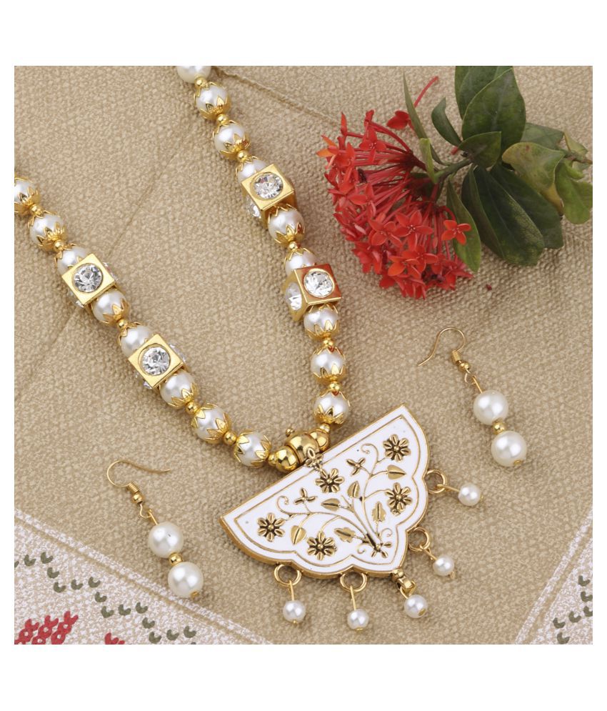     			SILVER SHINE Charm Party Wear Golden White Pear Necklace Set For Women Girl