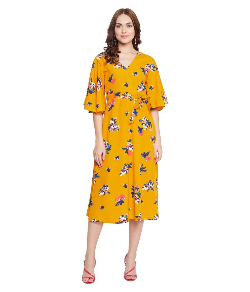     			Purys Polyester Yellow Fit And Flare Dress