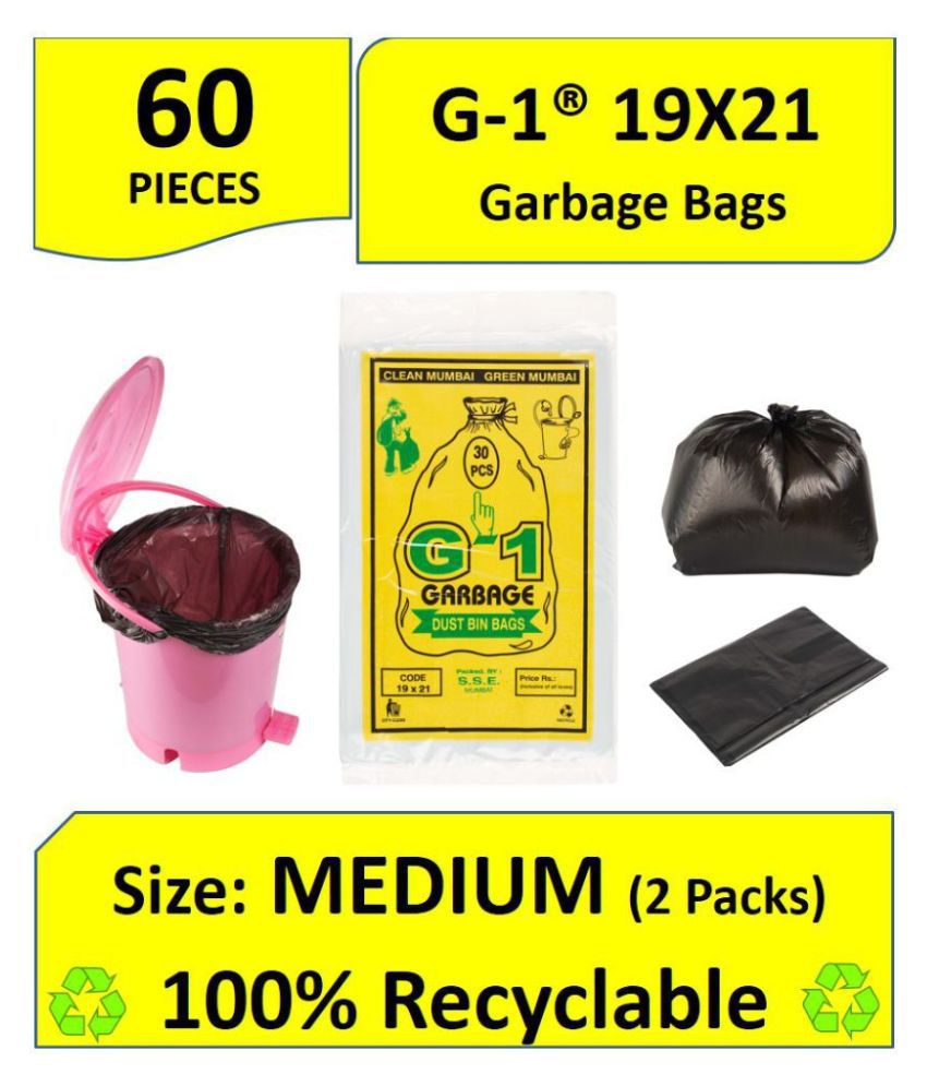G 1® 100% Recyclable Garbage Bags And Covers - 60 Pieces - Medium Size 19X21 Inch, Black Color